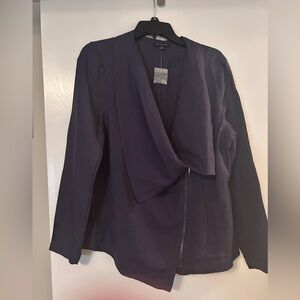 NWOT. H by Halston navy blue asymmetrical linen blend blazer women’s size 14
